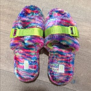 UGG Women’s Colorful Tie-Dye Slippers with Neon Green Straps